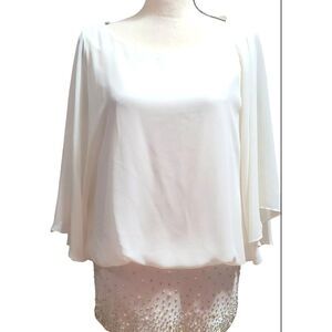 TAHARI Batwing oversized statement Blouse Size L shiny Rhinestones Beaded pearls